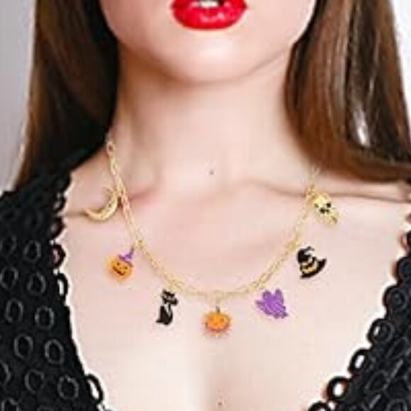 Halloween Pumpkin Cat Ghost Skull Gold Charm Necklace - Picture 4 of 4